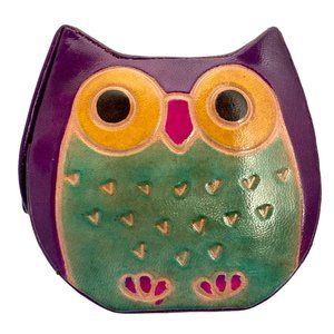🦉 Painted Leather Owl Snap Coin Purse Purple